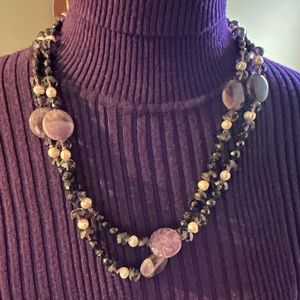 Purple, black glass bead/stone and pearl necklace